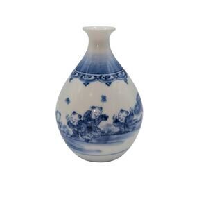 Signed Chinese Blue & White Porcelain Petite Bud Vase